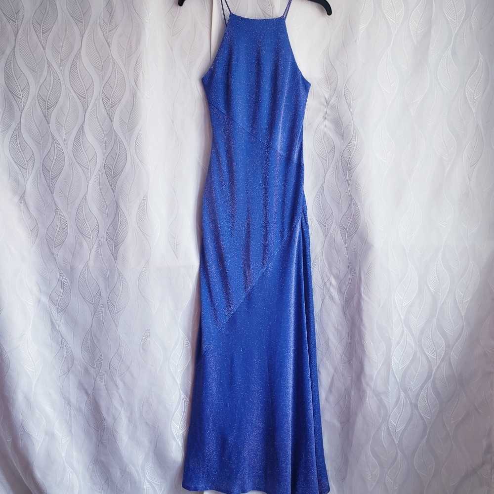 Blue Sparkly Metallic Glitter High Neck Lace-Up Back Fitted Long Pageant Gown